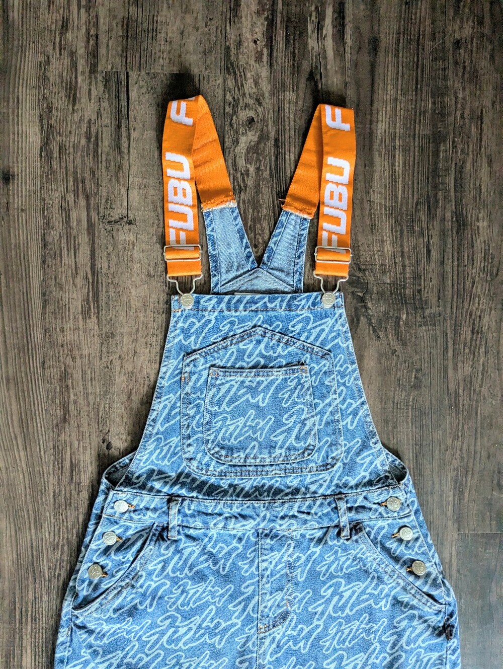 FUBU Logo Print Denim Overalls Blue Orange 2022 F21 Collab - Picture 4 of 14